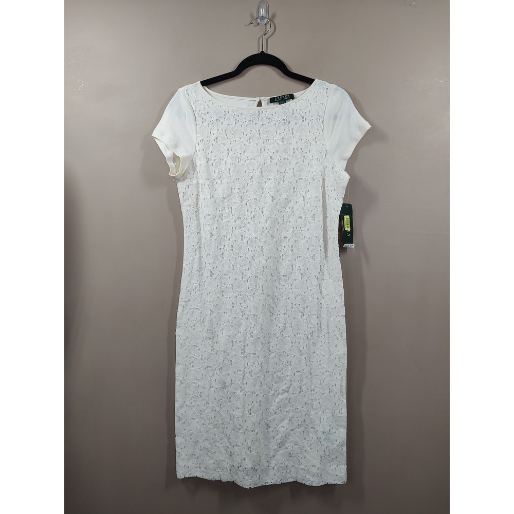 Lauren Ralph Lauren Womens White Floral Lace Sheath Dress Cream Short Sleeve M